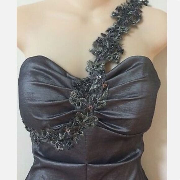 XSCAPE BY JOANNA CHEN Pewter Gray Ruched One Shoulder‎ Mermaid Prom Gown Dress 4 - Picture 6 of 15